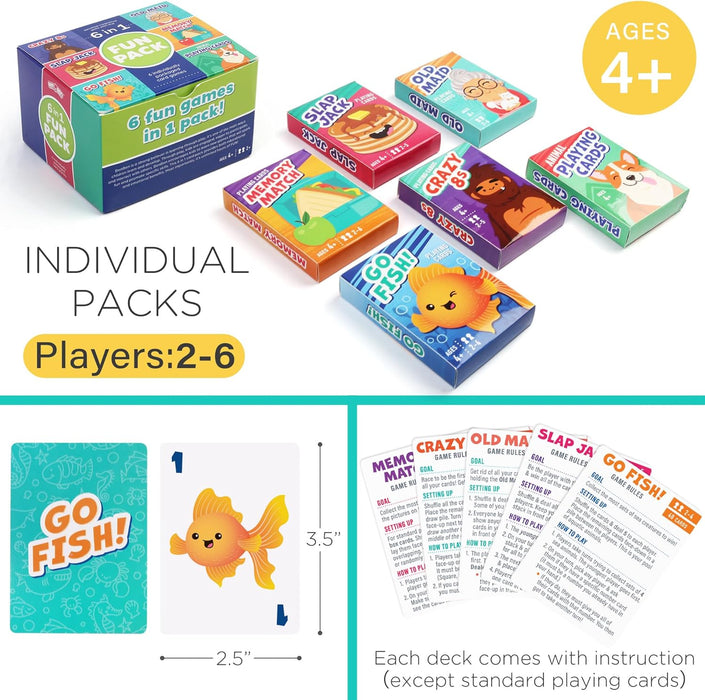 Card Games for Kids, 6 Decks, Go Fish, Old Maid, Crazy 8s