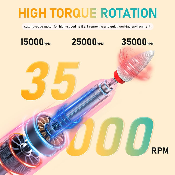 Portable Nail Drill Electric File: 35000RPM Professional Rechargeable Nail E File Machine,for Acrylic Nails Gel Polishin