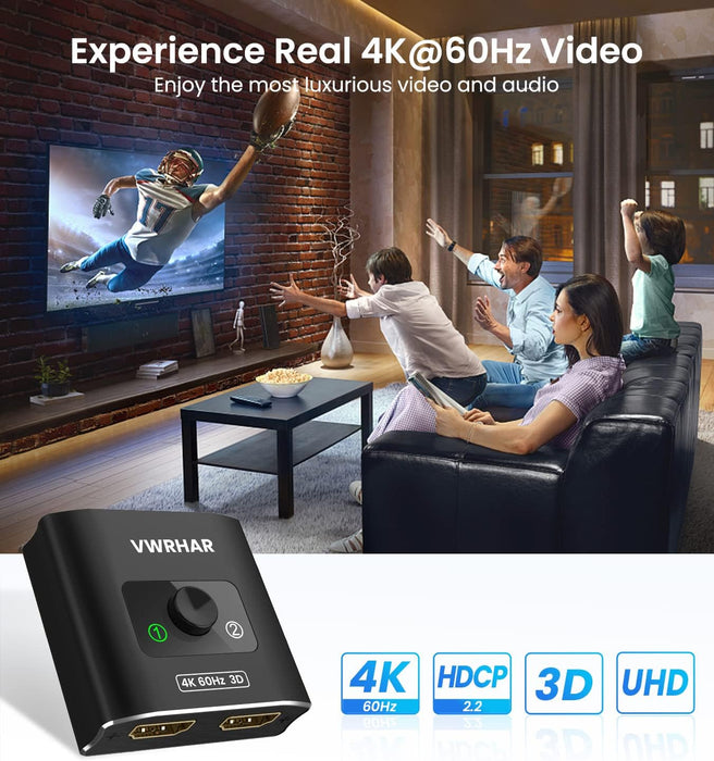 HDMI Switch Splitter 4K@60hz, Aluminum HDMI 2.0 Switcher 2 in 1 Out, HDMI Splitter 1 in 2 Out, Bi-Directional Switch Sup