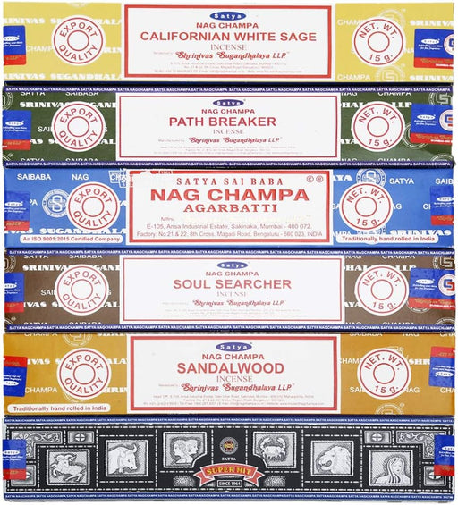 - Set of 6 - Nag Champa, Super Hit,Path Breaker,Soul Searcher, Sandalwood, Californian White Sage 15 Grams