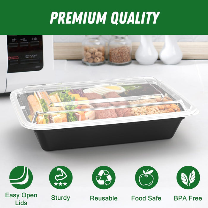 50 Pack (100-Piece) 32 oz Meal Prep Containers with Easy Open Lids, Black