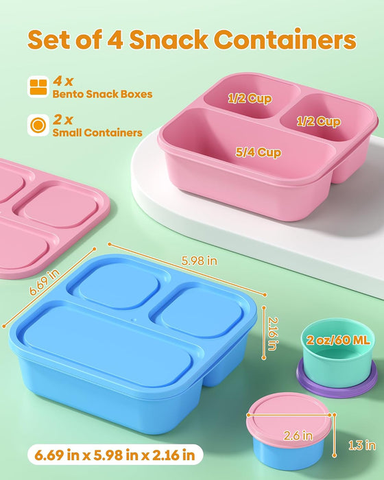 4 Pcs Bento Box Set, Reusable 3 Compartments Snack Boxes with 2 Leakproof Small Containers, Stackable Meal Prep Lunch Co