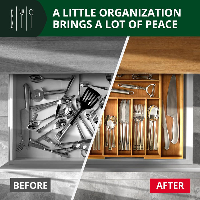 Luxury Bamboo Kitchen Drawer Organizer - Silverware Organizer, Utensil Holder & Cutlery Tray Drawer Dividers for Flatwar