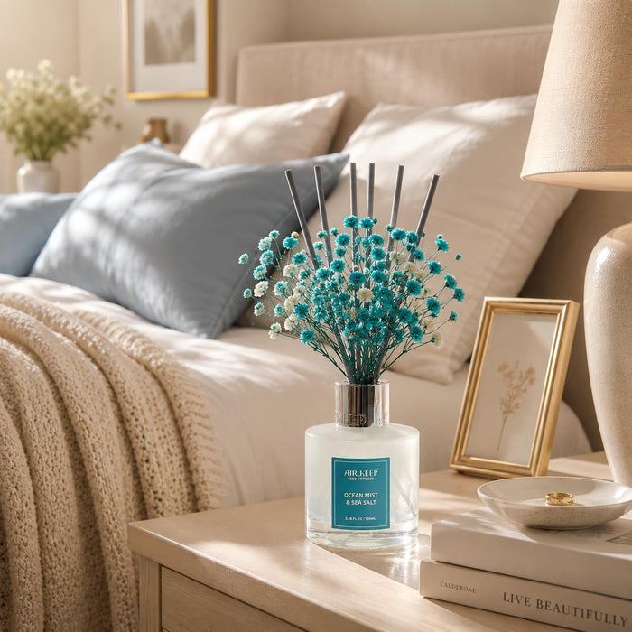 Reed Diffuser Set,3.38 fl oz (100 ml) - Ocean Mist&Sea Salt Oil Diffusers with 8 Reed Sticks,Home Fragrance Reed Diffuser for Bathroom Shelf Decor