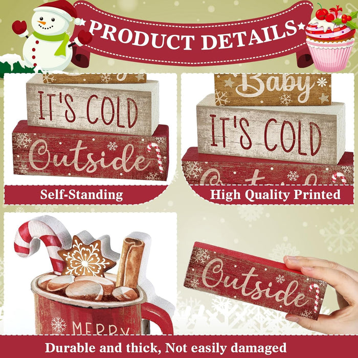 4 Pcs Christmas Table Decorations Indoor, Hot Cocoa Wood Block Sign