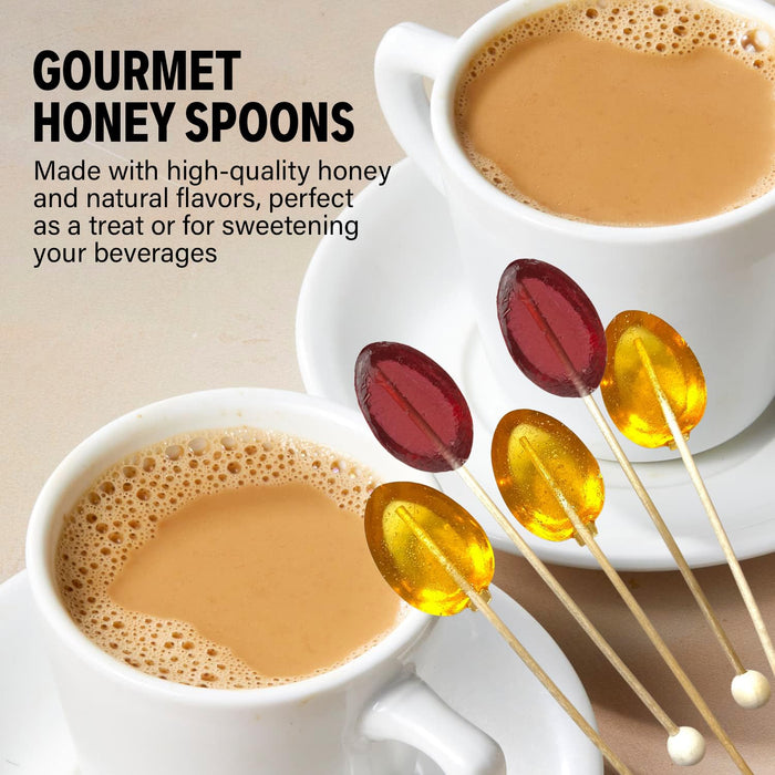 Honey Spoon Gift Set – Spoons & Lollipops on Wooden Ball Sticks – Gluten-Free, Made in USA Stirrers for Tea, Coffee, & Hot Beverages - Individually Wrapped (6-Count, Clover Honey)