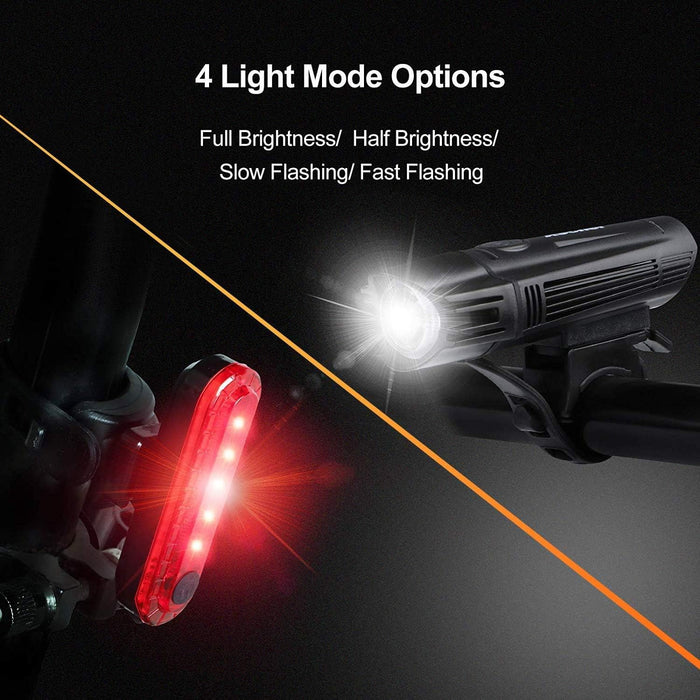 Ultra Bright USB Rechargeable Bike Light Set, Powerful Bicycle Front Headlight and Back Taillight, 4 Light Modes, Easy t