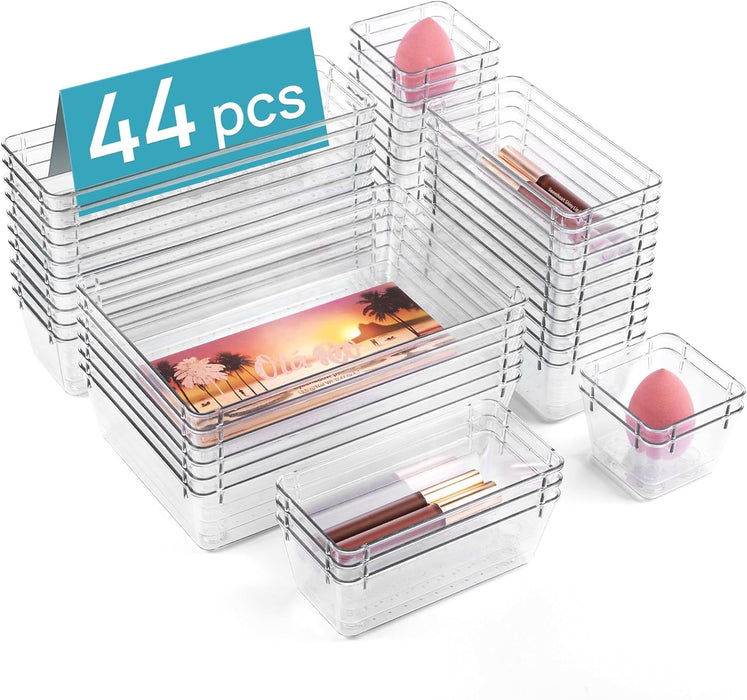 44 PCS Clear Plastic Drawer Organizers Set, Vanity Organizer Trays