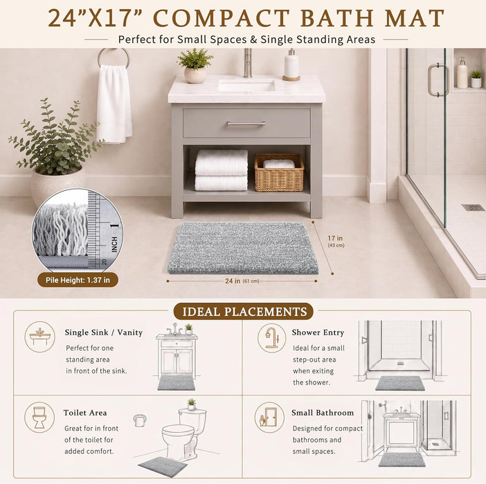Bathroom Rugs Non Slip Washable, Ultra Soft and Water Absorbent Bath Mats, Fluffy Shower Mat Outside, Plush Matts for Bathroom Floor/Sink, 24X17, Home Decor Accessories, Light Gray and White