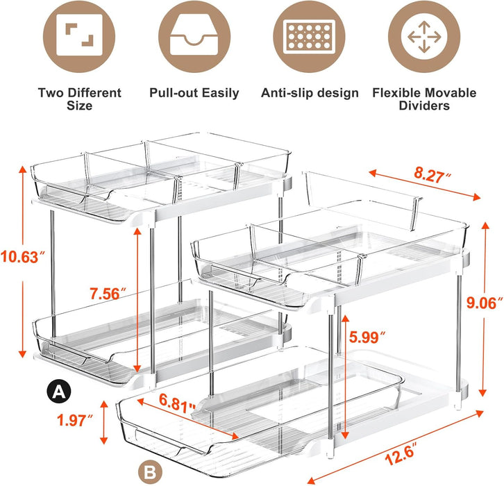2-Tier Multi-Purpose Bathroom Under Sink Organizers and Storage, Stackable Kitchen Pantry Organization, Pull Out Medicine Cabinet Organizer with Movable Dividers, White, 2 Pack