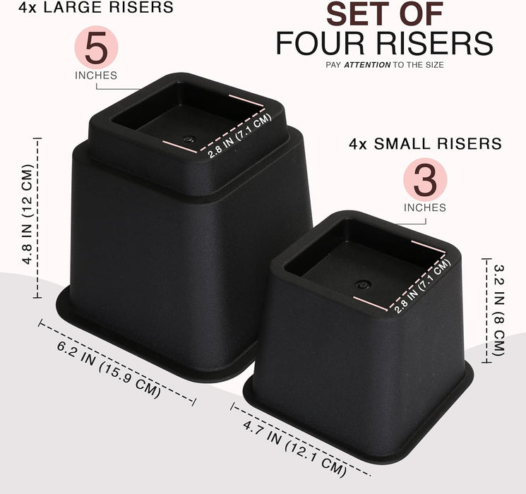 Adjustable Bed Risers 3 & 5 Inch, Black, 4-Pack