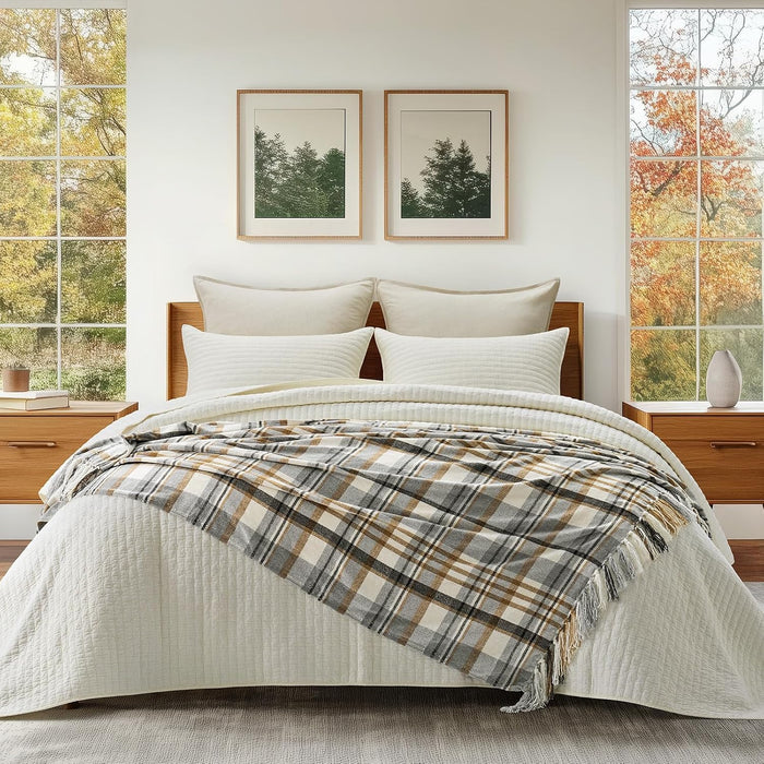 Plaid Chenille Knit Throw Blanket, 50"x60", Grey & Beige