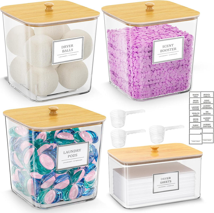 Laundry Pods Storage Container, Clear Acrylic Laundry Room Organization and Storage ,Detergent Powder Container,with Wooden Lids & Labels, 3+1 Pack