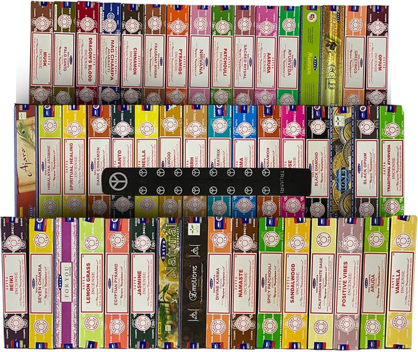 Satya Incense Sticks Variety Pack of 12 Randomly Selected Fragrances and Incense Stick Holder Bundle Total 180 Sticks