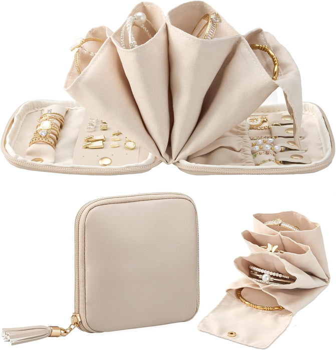 Travel Jewelry Case Organizer, Small Soft Jewellery Pouch -Oatmeal