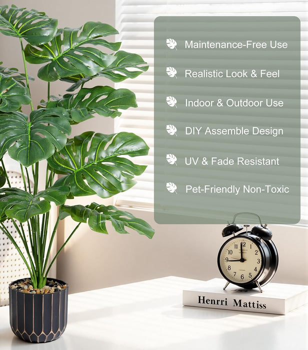 Fake Plants Monstera Plant, 28" Artificial Potted Plants Indoor with Black Gold Pot for Home Decor, Faux Plants Greenery