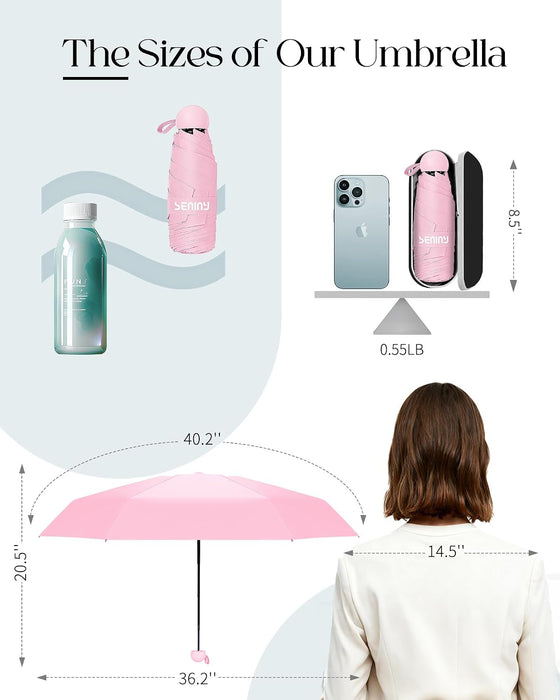Mini Travel Umbrella with Case, Compact Pocket Size UV Sun & Rain