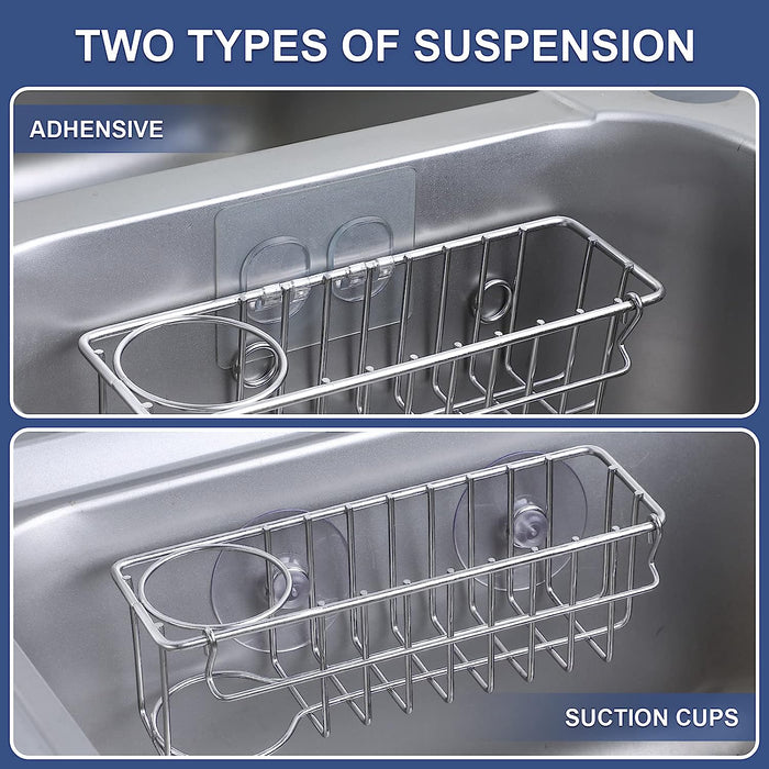 3-In-1 Sponge Holder for Kitchen Sink with Suction Cups & Adhesive Hook , In-sink Sponge Holder, Wall Hanging Sink Caddy Organizer Rack - Sponge, Dish Cloth, Brush, Scrubber - 304 Stainless Steel