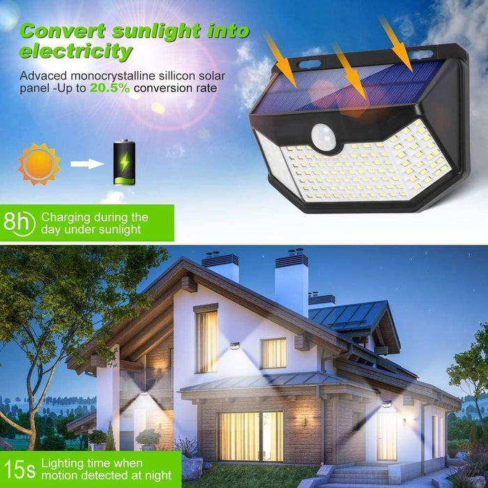 Solar Lights Outdoor 120 LED with 3 Lighting Modes, Motion Sensor Wall Lights,IP65 Waterproof Solar Powered for Garden Patio Yard (Back Button 2Packs, Black Shell-Daylight White)