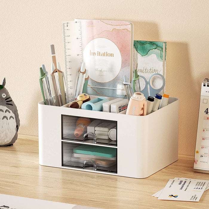 Pen Organizer with 2 Drawer, Multi-Functional Pencil Holder for Desk, Desk Organizers and Accessories with 5 Compartment