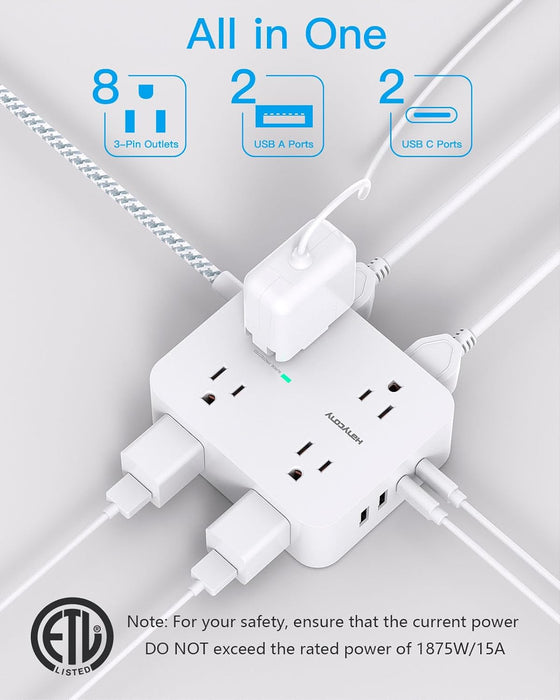 Surge Protector Power Strip, 1080J, 5 Ft Braided Extension Cord