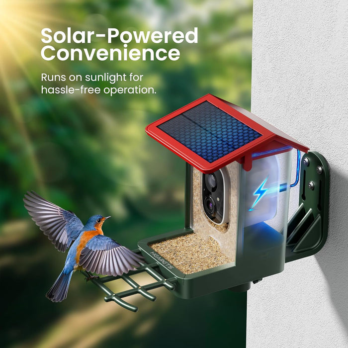 Smart Bird Feeder with Camera Solar Powered, 2K HD Video, AI Bird Species Identification, Instant Arrival Alerts, Weathe