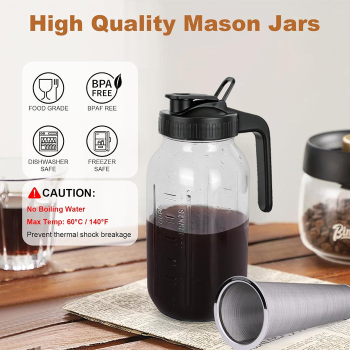 Cold Brew Coffee Maker, 64 oz Mason Jar Pitcher with Stainless Steel Filter, Pour Spout Handle Lid, Airtight & Leak-Proo