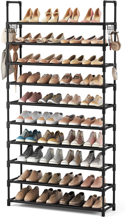 10 Tier Shoe Rack Tall Large Capacity Wide Shoe Organizer with Two Hooks Sturdy Metal Shoe Shelf for Entryway, Closet, B