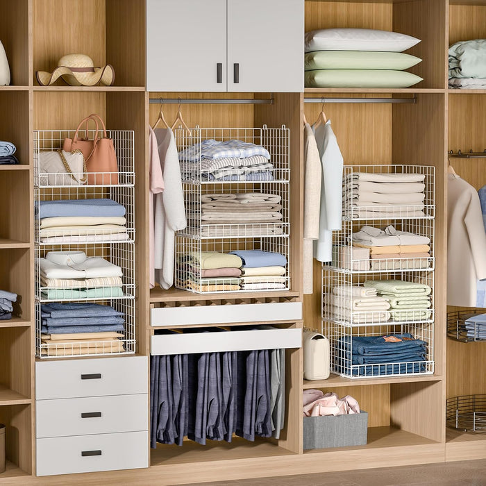 4-Tier Stackable Closet Organizers and Storage Basket, Foldable Closet Shelf Organizer System, Space-Saving Clothes Stor