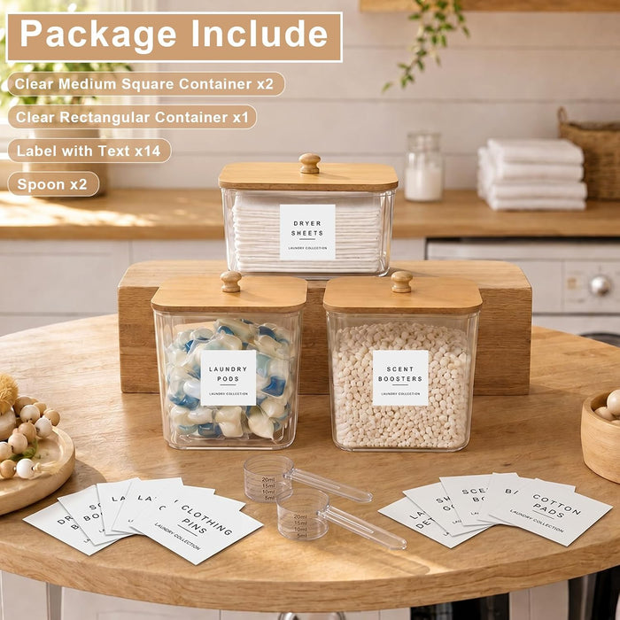 3 Pack Laundry Pod Containers and Dryer Sheet Holder, Laundry Room Organization Storage Containers with Lids and Labels 