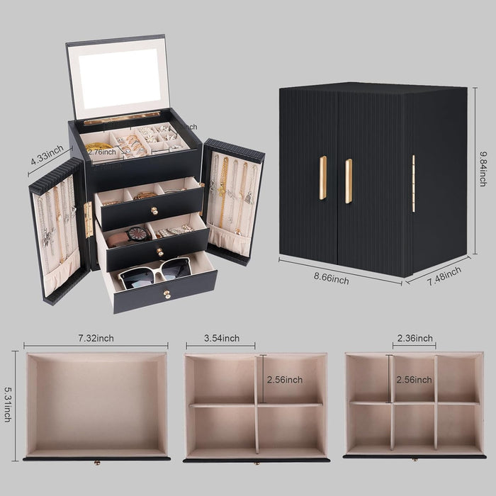 Large Jewelry Box for Women, Jewelry Organizer Box with 3 Drawers, Jewelry Storage Organizer with Mirror for Necklace Ri