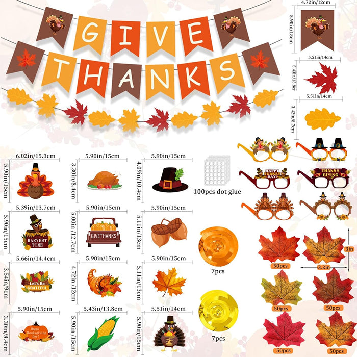 Thanksgiving Decorations Set, GIVE THANKS Banner and Garland, Hanging Swirls, Turkey Glasses and Maple Leaf for Indoor H