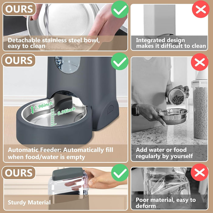 Automatic Cat Feeder and Water Dispenser with Stainless Steel Bowl Dog Gravity Food Feeder and Waterer for Small Medium 