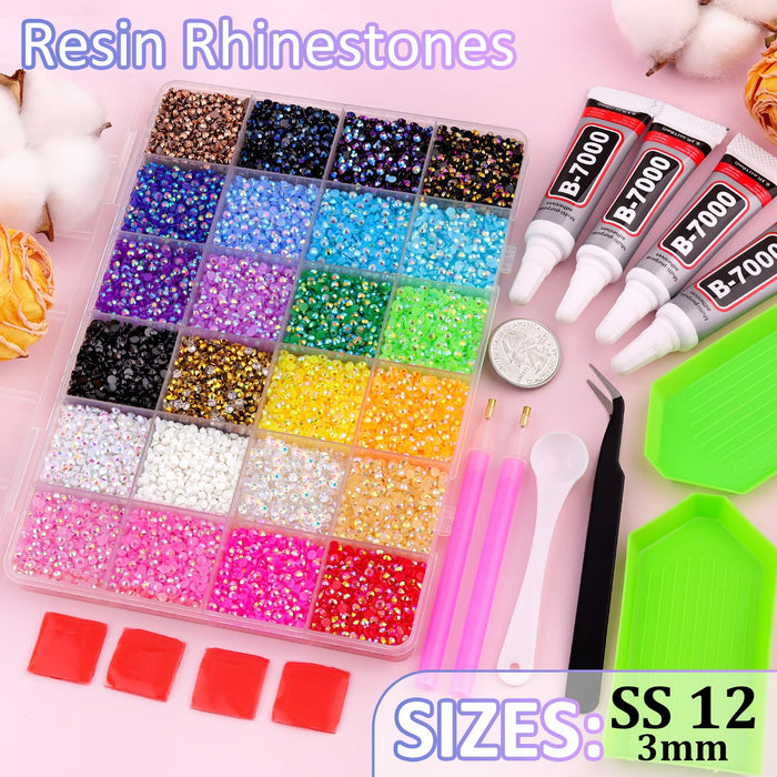 34000Pcs Resin Jelly Rhinestones for Bedazzling, Multicolor 3mm Flatback Gems for Diamond Art, Bedazzler Kit with 3Pcs 1