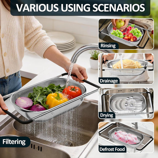 Over the Sink Colander - Strainers and Colanders - Sink Strainer Basket - Expandable Fine Mesh Strainer with Rubber Grip
