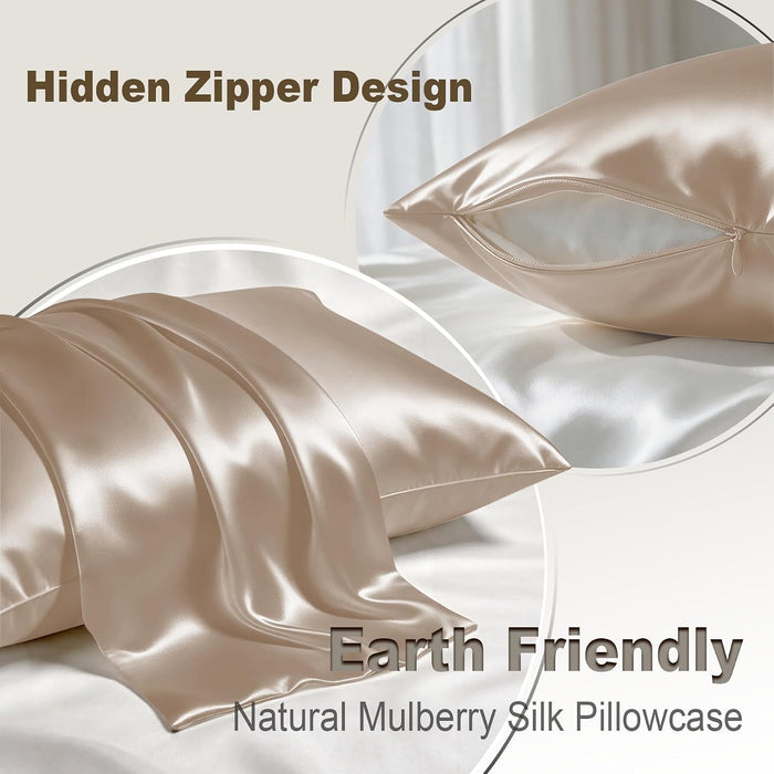 Silk Pillow Cases Standard Size with Hidden Zipper, Champagne