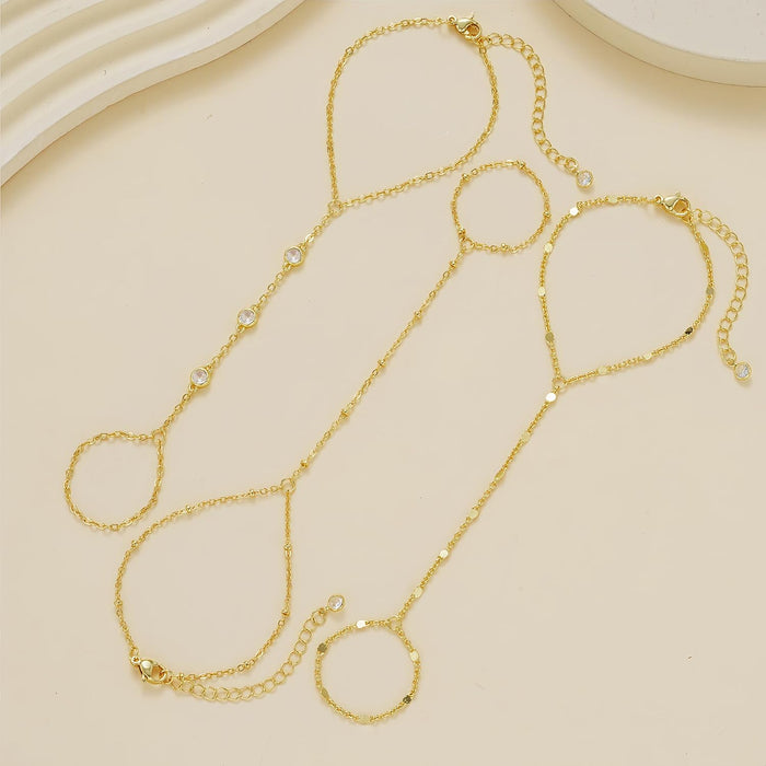 3PCS 14K Gold-Plated Hand Chain Bracelets for Women, Stack Bracelets Set Adjustable, Trendy Dainty Ring Bracelet Hand Chain