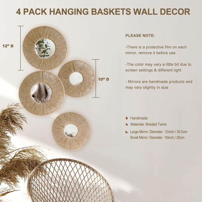Hanging Baskets Wall Art with Mirror, 4Pcs Boho Coastal Wall Decor