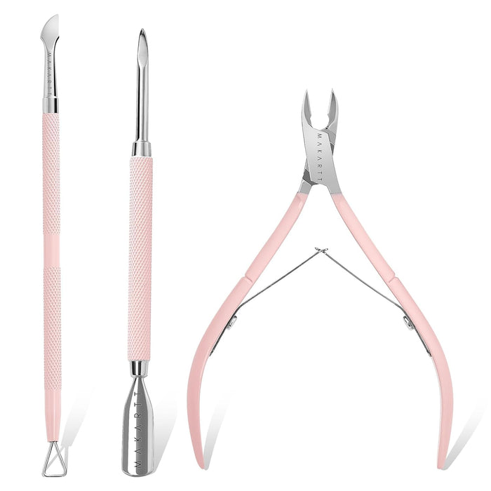 3 Pcs Pink Cuticle Nipper Set, Stainless Steel Pusher & Scraper