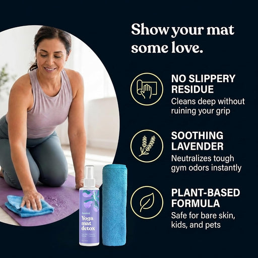Yoga Mat Cleaner Spray (Peaceful Lavender), 4 fl oz - No Slippery Residue, Organic Essential Oils, Deep-Cleansing for Fi