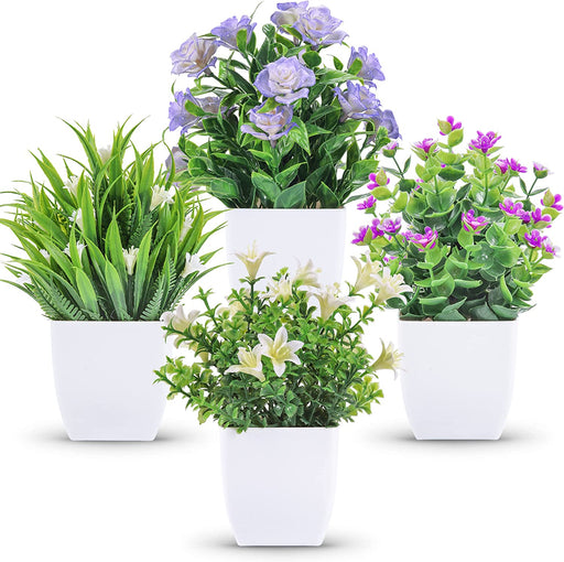 4 Pack Small Fake Plants with Flowers, Spring Home Bathroom Decor