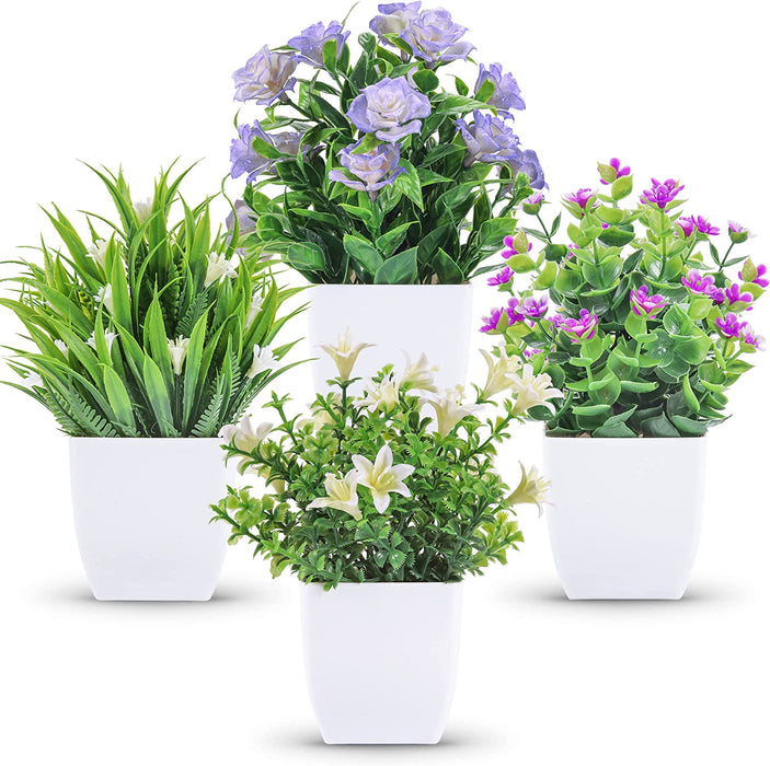 4 Pack Small Fake Plants with Flowers, Spring Home Bathroom Decor