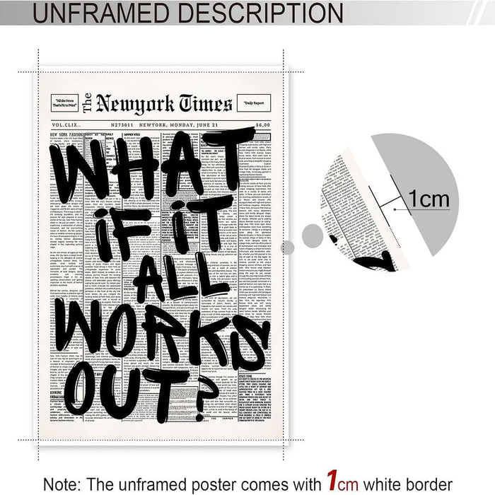 Retro Black And White Newspaper Poster What If It All Works Out Canvas Wall Art Positive Affirming Quote Minimalist Prints Painting For Home Bedroom Dorm Wall Decor 8x12in Unframed