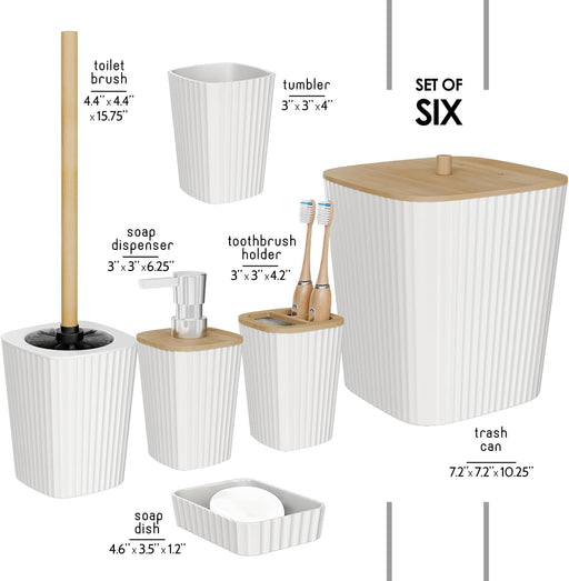 Bathroom Set - White Bathroom Accessories Set, 6PC Bathroom Accessory Set, Bathroom Sets with Toilet Brush, Trash Can & Soap Dispenser