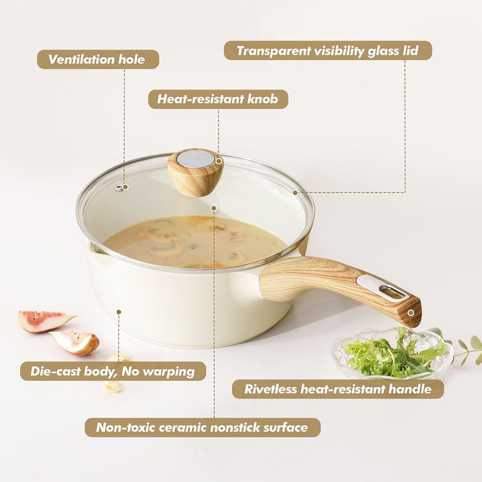 Ceramic Nonstick Sauce Pan with Lid, 1.5 Quart Small Saucepan, White Cooking Pot with Stay Cool Handle, Non toxic Kitchen Sauce Pot, Non stick Sauciers, Induction Pot, PFOA PTFE PFAS Free