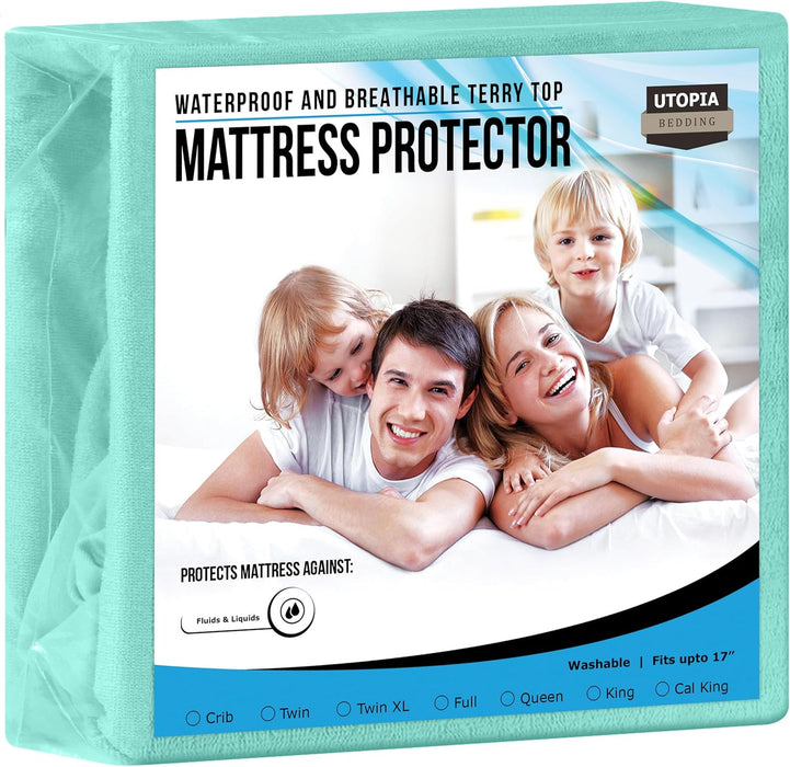Waterproof Mattress Protector Twin Size, Premium Terry Mattress Cover 200 GSM, Breathable, Fitted Style with Stretchable Pockets (White)