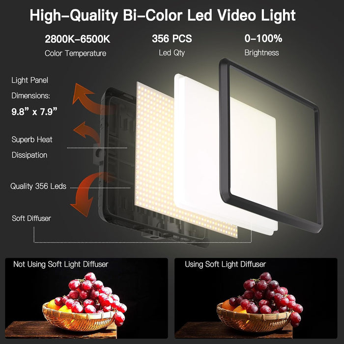 2-Pack LED Video Light Kit, Studio Light, 2800-6500K Dimmable Photography Lighting Kit with Tripod Stand&Phone Holder, 7