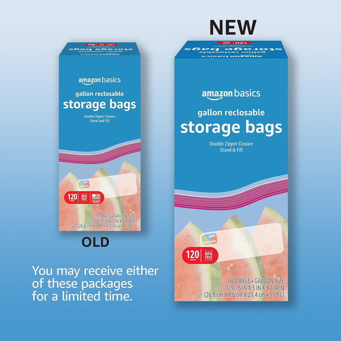 Reclosable Gallon Food Storage Bags with Double Zipper Seal, Stand and Fill Base, BPA Free, 120 Count