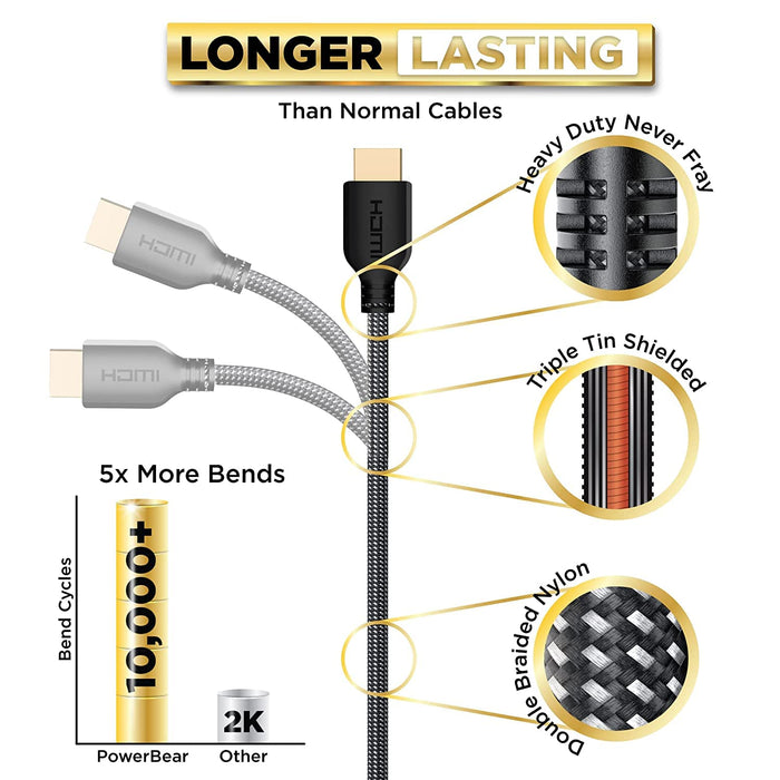 4K HDMI Cable 10 ft | High Speed Hdmi Cables, Braided Nylon & Gold Connectors, 4K @ 60Hz, Ultra HD, 2K, 1080P, ARC & CL3 Rated | for Laptop, Monitor, PS5, PS4, Xbox One, Fire TV, & More