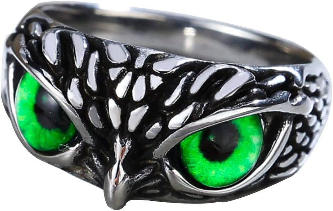 Unisex 316L Stainless Steel Relief Surface Vintage Blue Green Eyed Owl Ring,Size 6-10